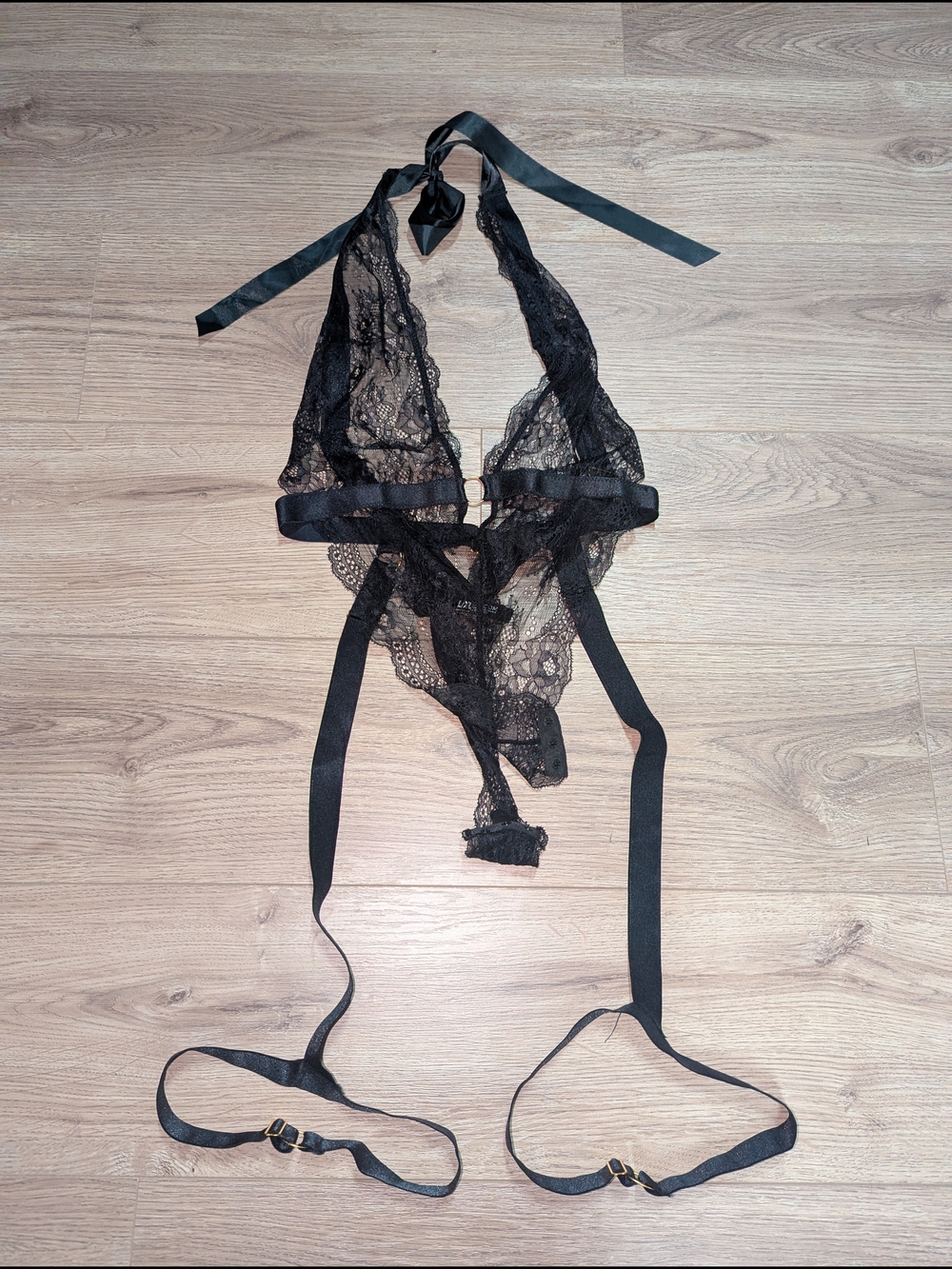 Yandy Black Lace Halter Teddy with Garter Straps